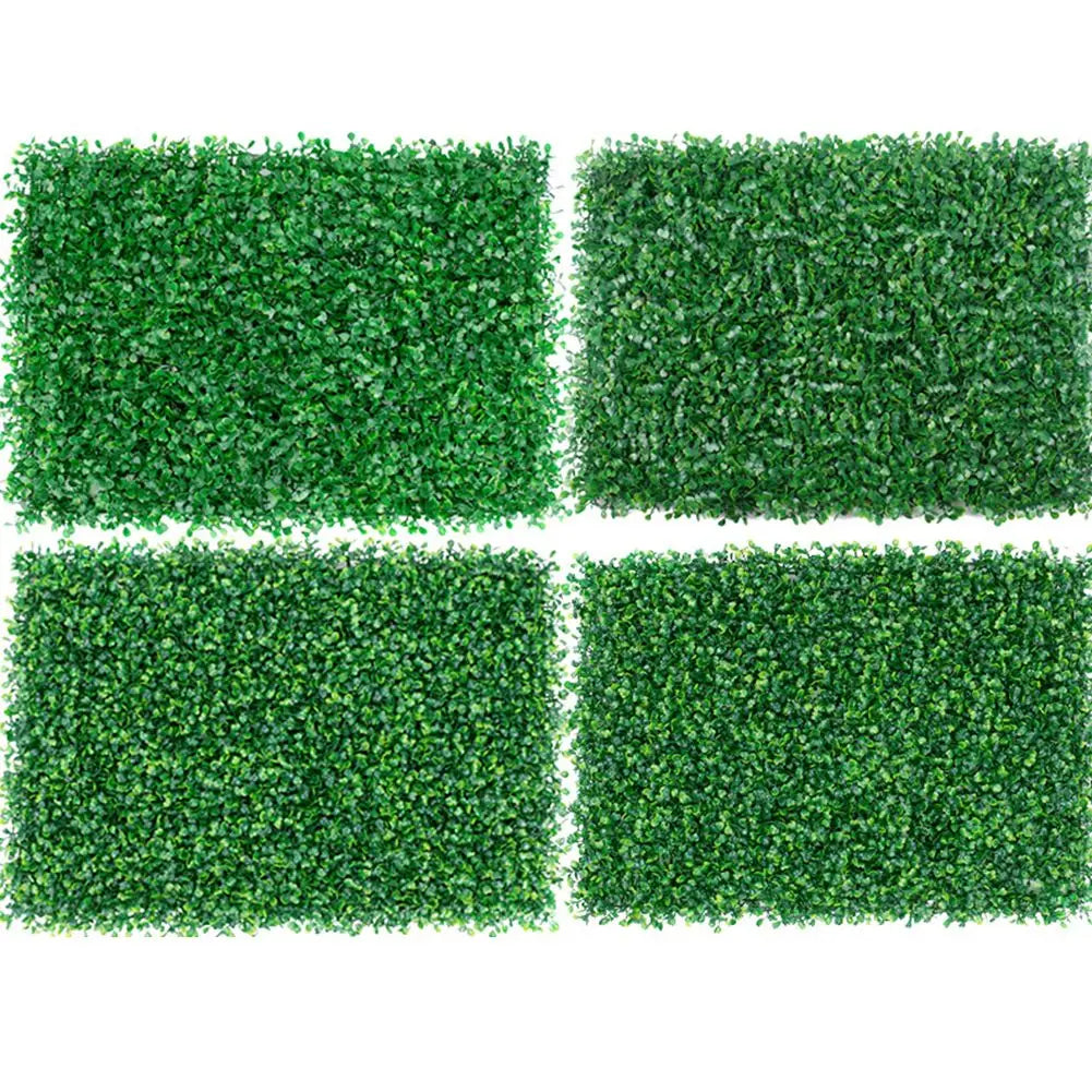 Four square panels of dense green artificial grass hedge for privacy and decoration