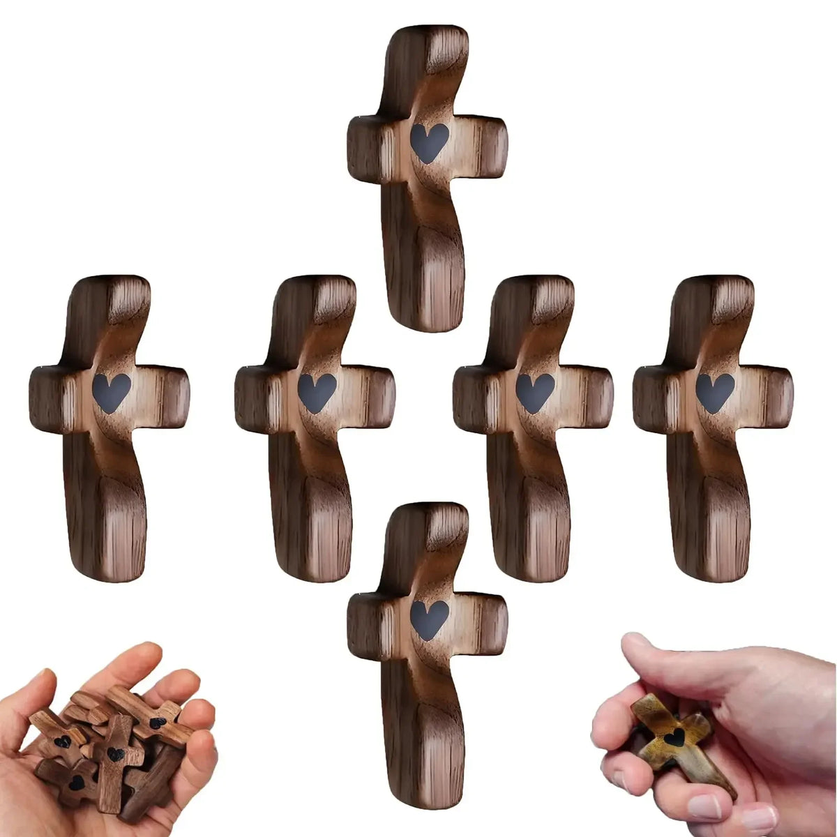 Handcrafted black walnut cross for prayer and meditation shown in various sizes