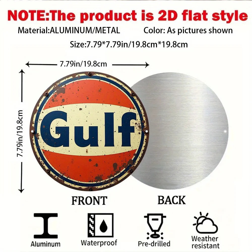 A round metal sign featuring the word Gulf in blue and white on an orange background, shown from the front and back.