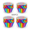 A bulk pack of 400 rainbow disposable cupcake liners in various colors and shades.