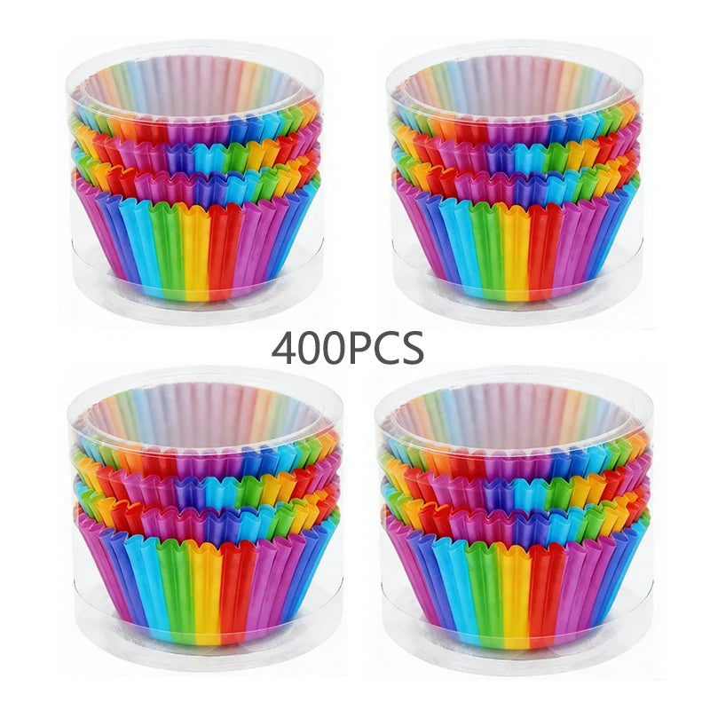 A bulk pack of 400 rainbow disposable cupcake liners in various colors and shades.