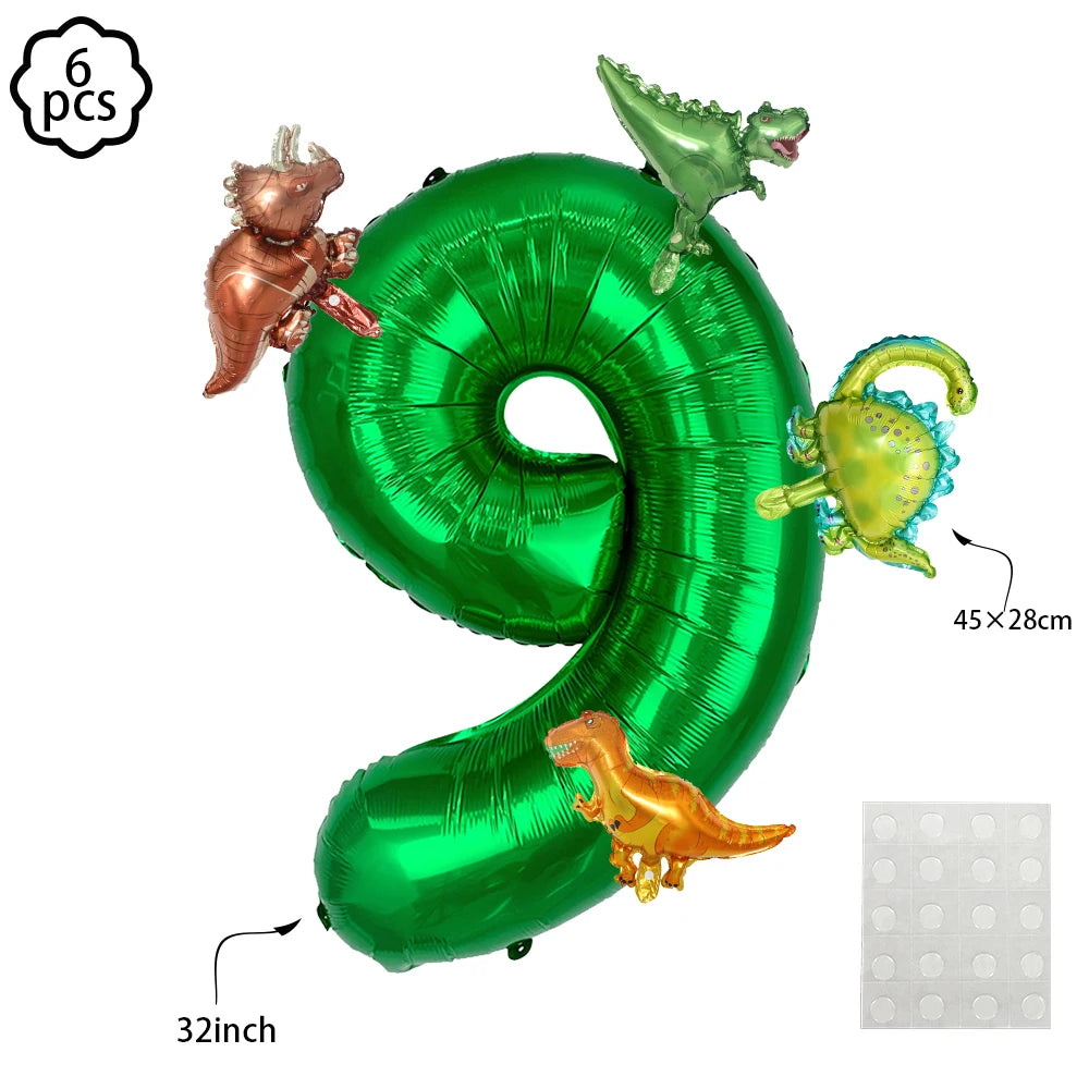 Green foil balloon shaped like the number 9 with dinosaur decorations and a 32-inch banner.