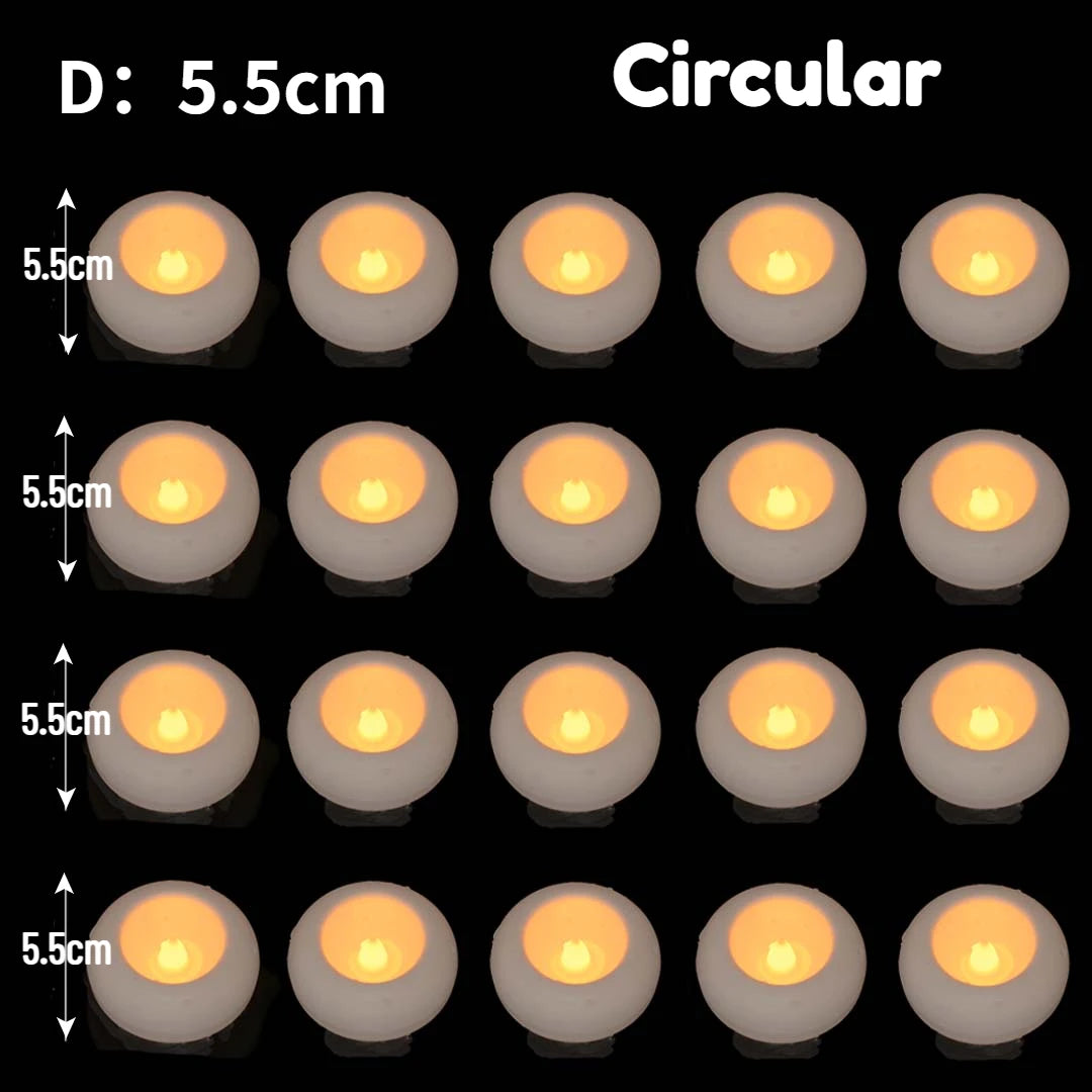 A grid showing various sizes of 5.5cm circular flameless floating LED tealight candles.