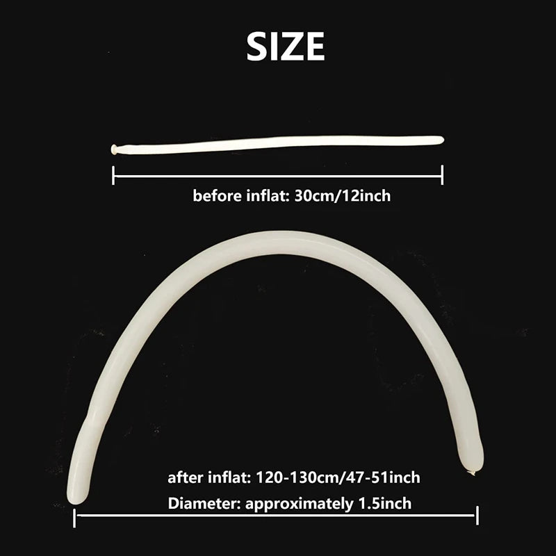 A white twisting balloon before and after inflation, showing the size difference.