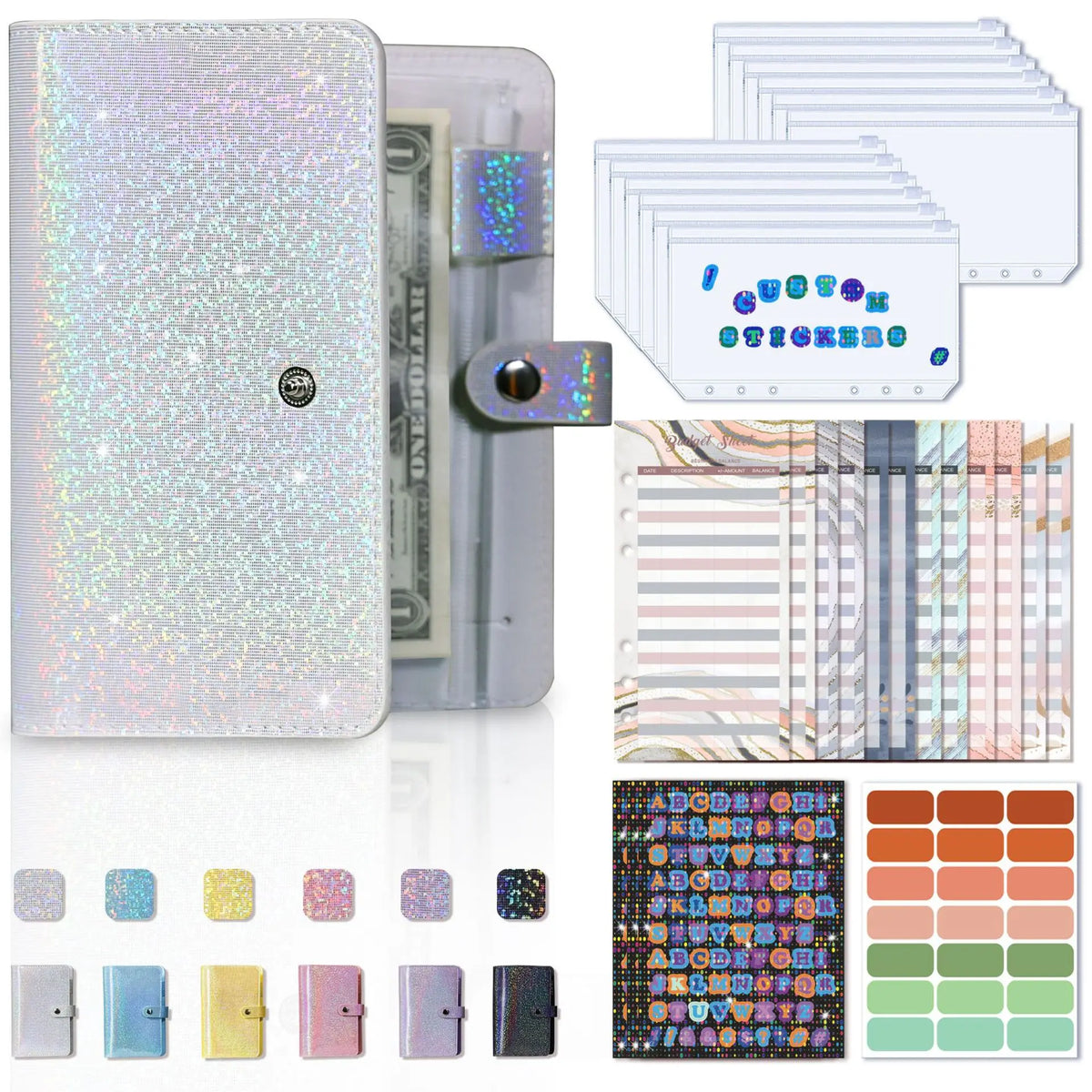 A set of colorful adhesive tabs and a leather cash envelope binder with budget organizer sheets
