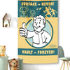 A vertical banner tapestry featuring a cartoon character with a thumbs-up, text saying Surface Never and Vault Forever, set a