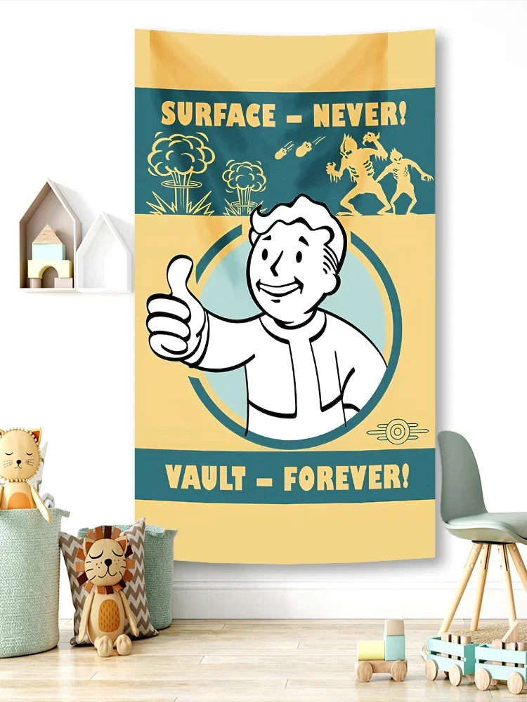A vertical banner tapestry featuring a cartoon character with a thumbs-up, text saying Surface Never and Vault Forever, set a