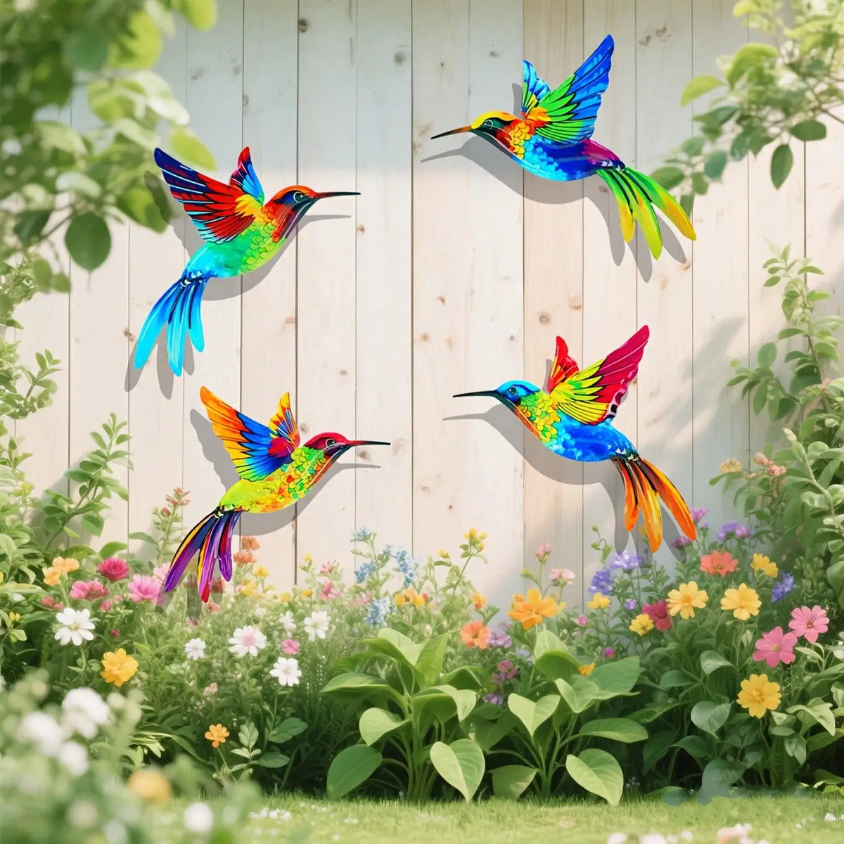 Colorful metal hummingbird wall art featuring vibrant blue, green, and yellow hues displayed against a wooden fence and lush 