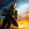 A dark, armored figure in futuristic gear holds a rifle against an orange sunset backdrop.