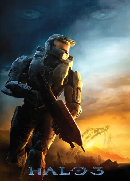 A dark, armored figure in futuristic gear holds a rifle against an orange sunset backdrop.