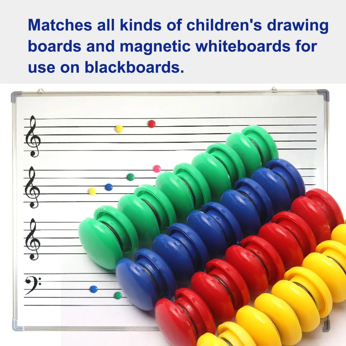 A set of ten colorful refrigerator magnets arranged in a row.