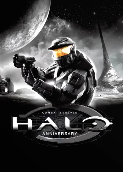 A dark, gritty image of a soldier in tactical gear aiming a firearm against a large moon, featuring the Halo Anniversary logo