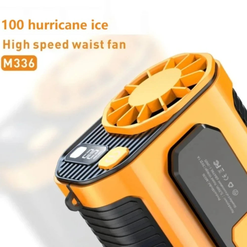 Ventilateur portable orange haute vitesse, corps noir et grille.