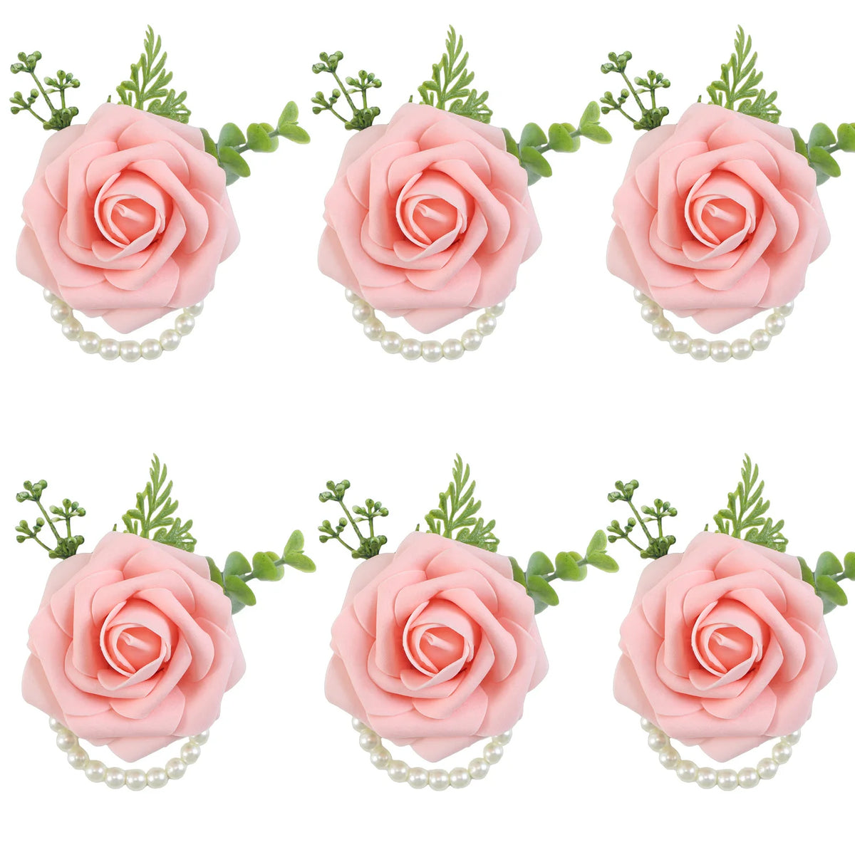 Elegant wrist corsage bracelet featuring pink silk roses with green foliage for weddings