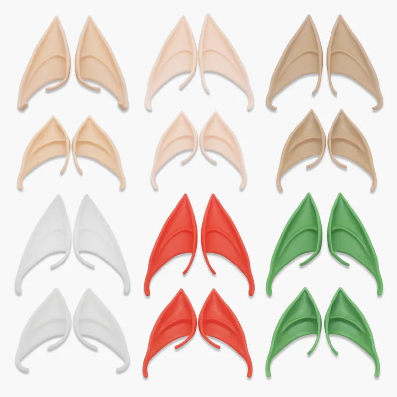 A collection of realistic latex elf ears in various shades of beige, pink, and green.