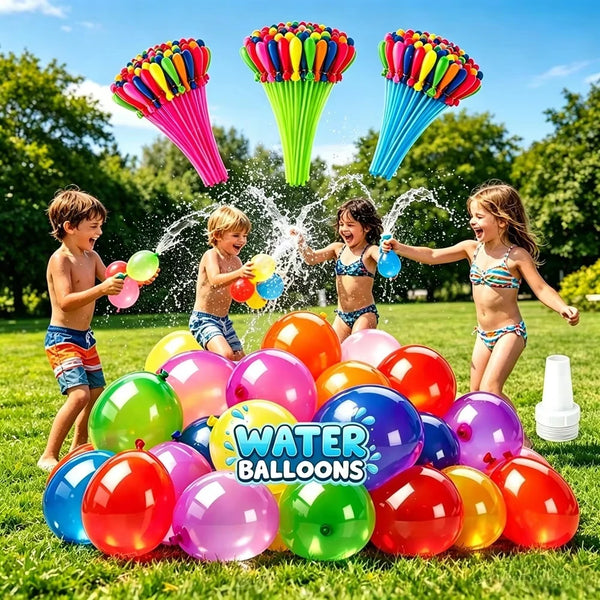 A group of happy children playing with colorful water balloons outdoors on the grass.