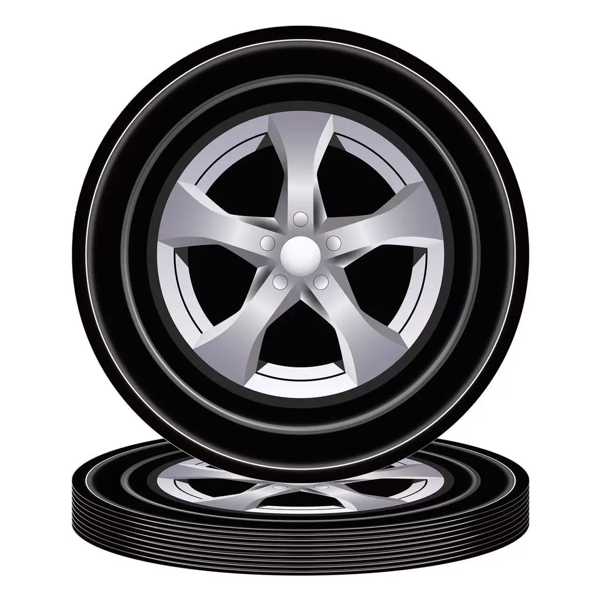 A set of black and silver racing wheels for a birthday party decoration.