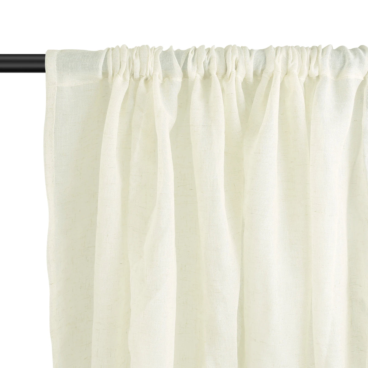Cream natural linen sheer curtains with a gathered rod pocket hanging from a black rod.