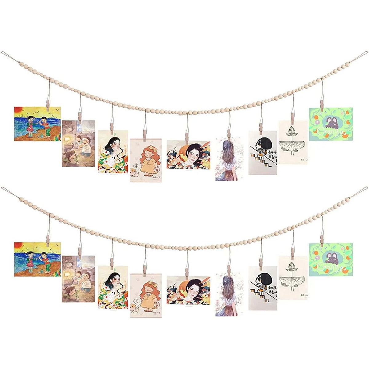 A string of pearl beads displays various small photo cards with artistic designs and illustrations.