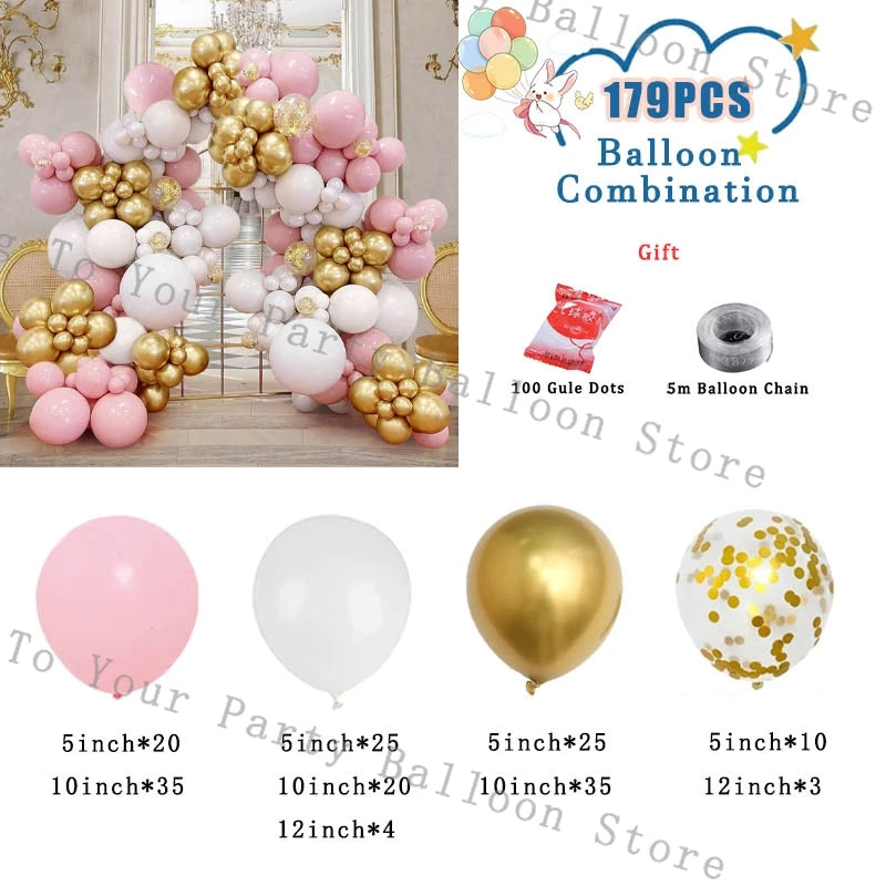 A kit for a balloon combination featuring pastel pink and white balloons, including various sizes and a 5m balloon chain.