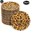 A stack of 30 leopard print foil balloon party decorations plates.