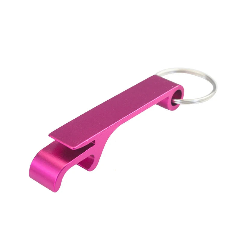 A pink aluminum bottle opener keychain with a split design.