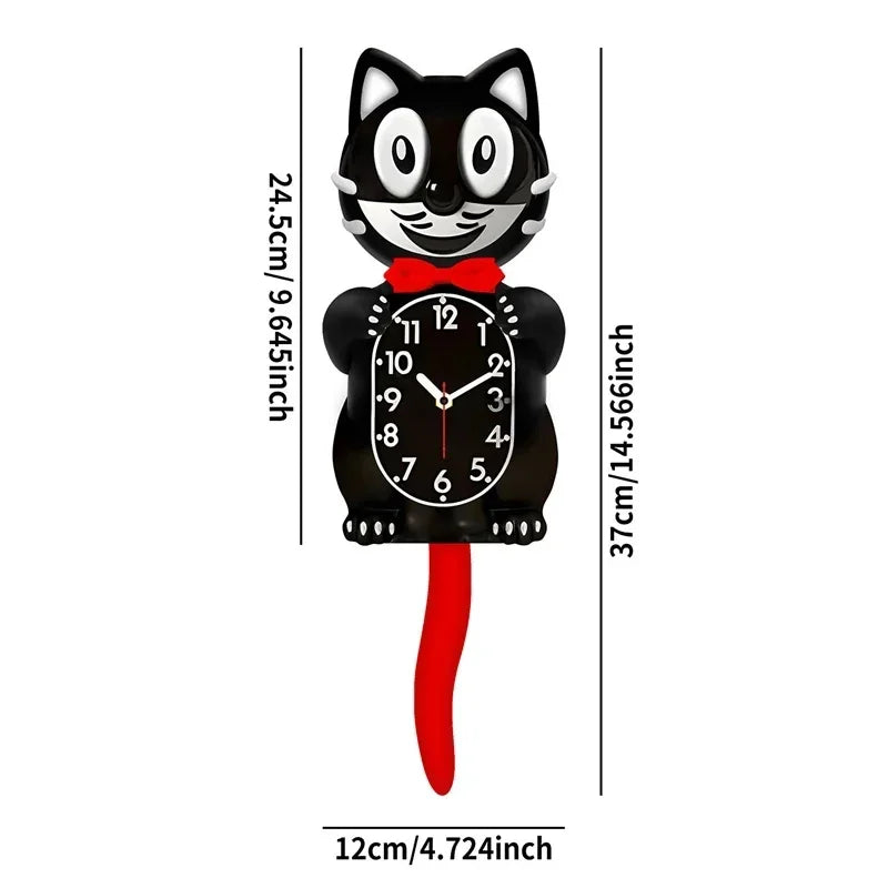 Black cartoon cat wall clock with a red swinging tail
