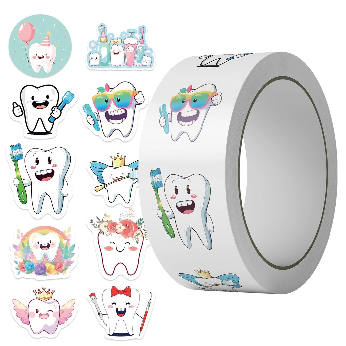 A roll of cartoon tooth fairy stickers featuring various smiling teeth and dental themes for kids and teens