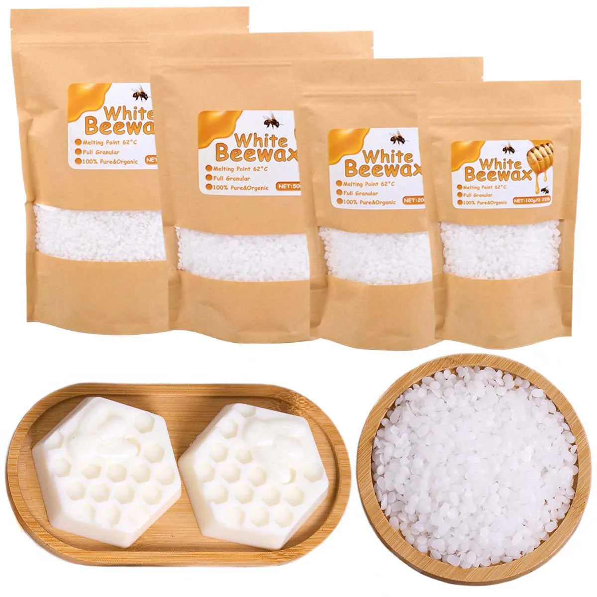 Several bags of White Beewax and a wooden bowl filled with white beeswax pellets