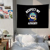 A black tapestry wall hanging featuring a cartoon character with sunglasses and a stick, with the text Respect My Authority.