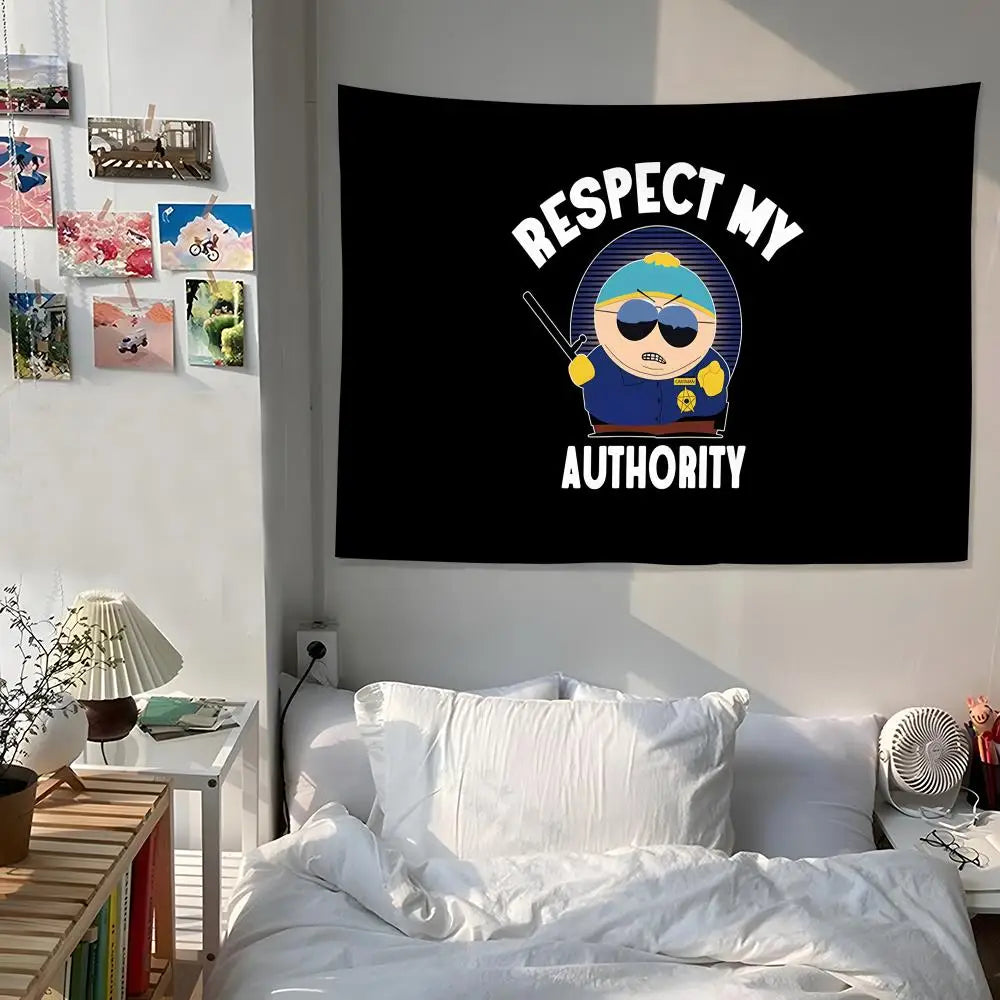 A black tapestry wall hanging featuring a cartoon character with sunglasses and a stick, with the text Respect My Authority.