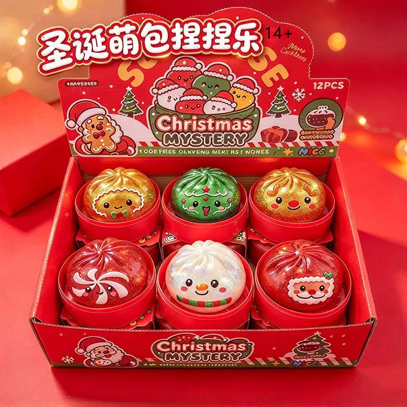 A red box containing 12 Christmas mystery squishy stress relievers featuring characters like a snowman, elk, and Santa Claus.