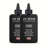 Black UV resin bottle labeled HARD formulated for artists with details on curing and shrinking properties