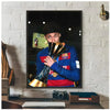 A framed poster of Neymar Jr football legend featuring him in a blue jersey.