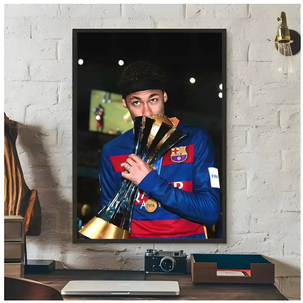 A framed poster of Neymar Jr football legend featuring him in a blue jersey.