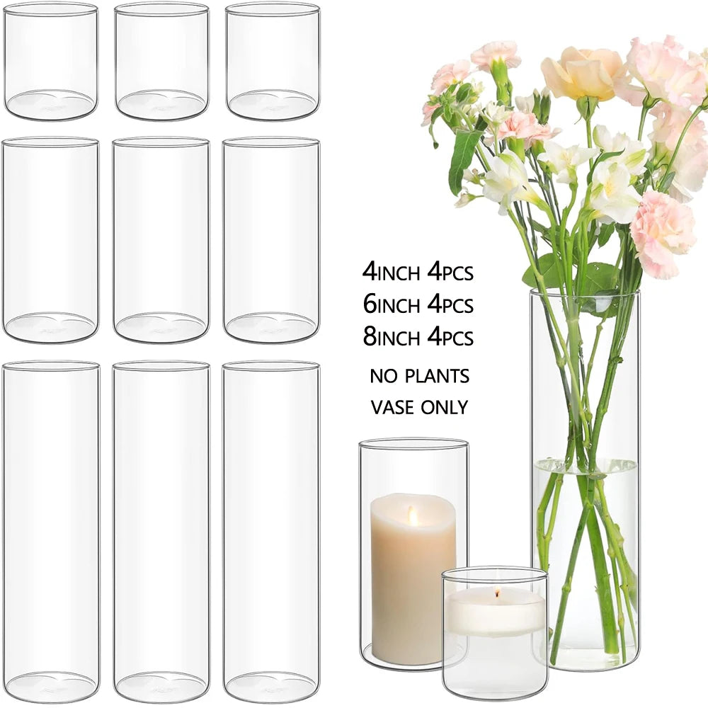 Un ensemble de vases cylindriques en verre transparent et photophores pour arrangements floraux.
