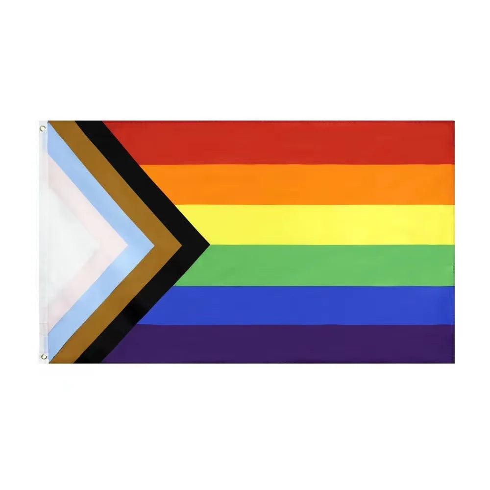 A horizontal Pride rainbow flag banner featuring six stripes of color and a chevron design.