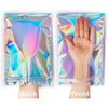Two holographic rainbow resealable bags shown from the back and front, demonstrating the iridescent finish.