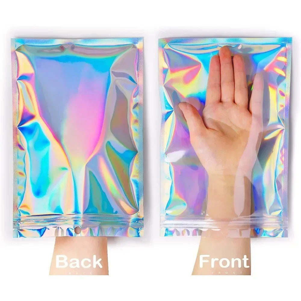 Two holographic rainbow resealable bags shown from the back and front, demonstrating the iridescent finish.