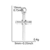 A silver cross charm measuring 19mm long and 0.75 inches, weighing 0.4 grams.