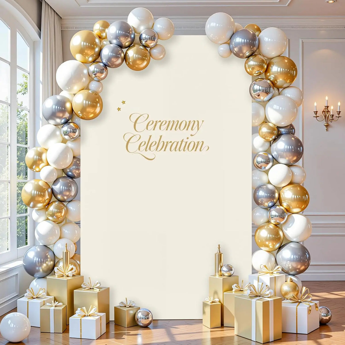 Fondo arqueado color crema decorado con globos plateados y dorados que enmarcan un espacio central.