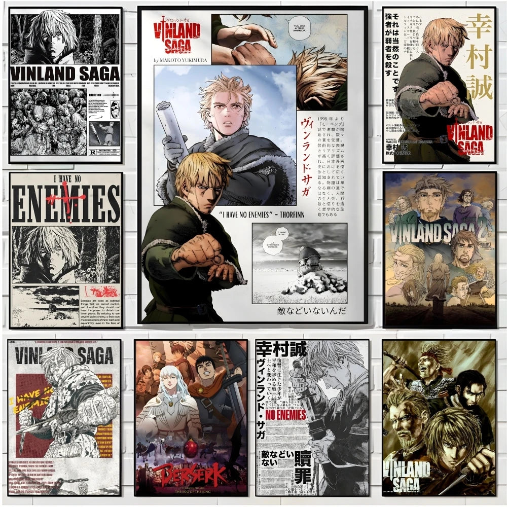 A collection of posters and prints featuring characters and scenes from the Vinland Saga anime and manga.