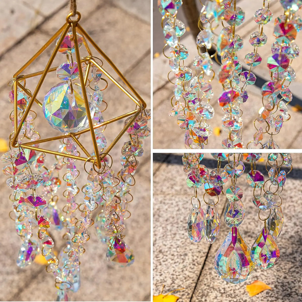 A hanging crystal rainbow wind chime decor featuring clear and iridescent glass beads and geometric metalwork.