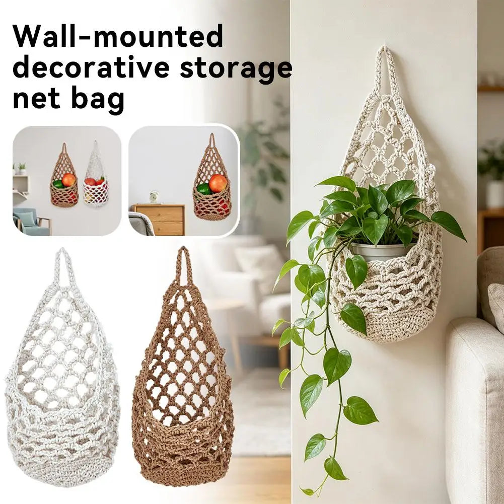 Wall-mounted decorative storage net bag in beige macrame hanging style