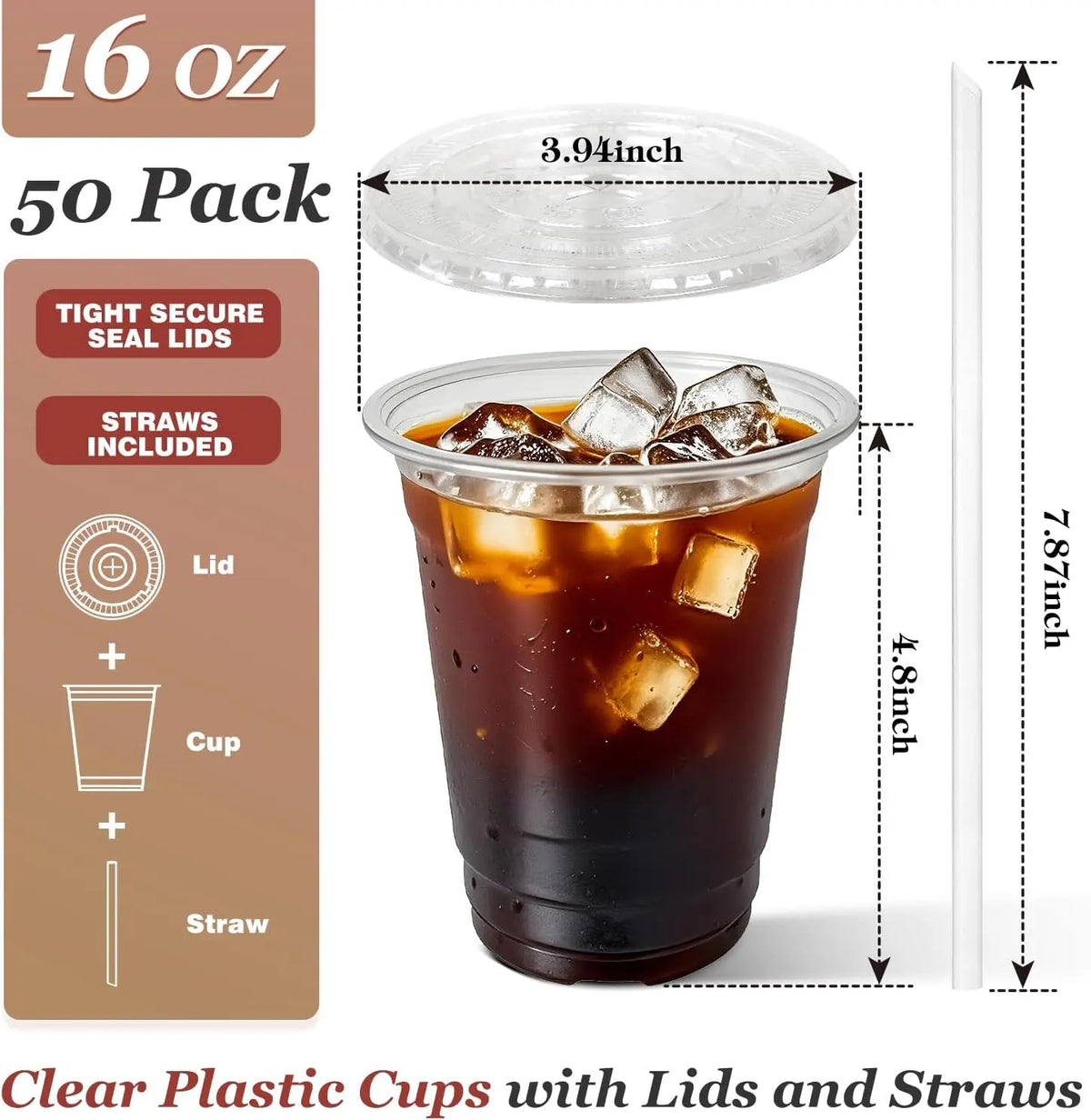 A clear plastic cup with a lid and straw is shown next to a measuring ruler.