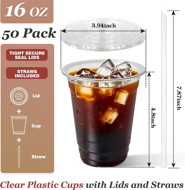 A clear plastic cup with a lid and straw is shown next to a measuring ruler.