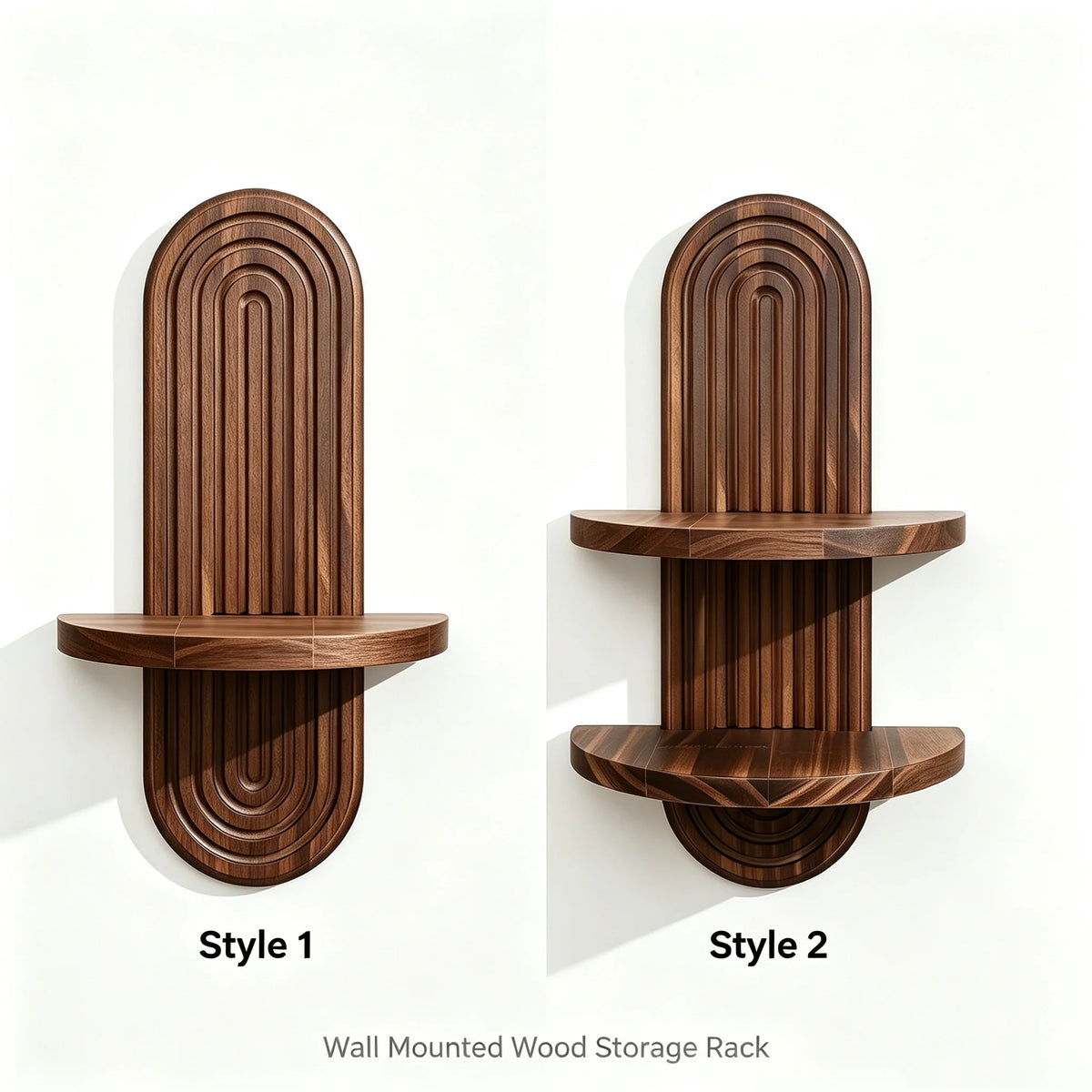 Two styles of wall-mounted wooden storage racks featuring vertical ribbed designs in a dark brown wood finish.
