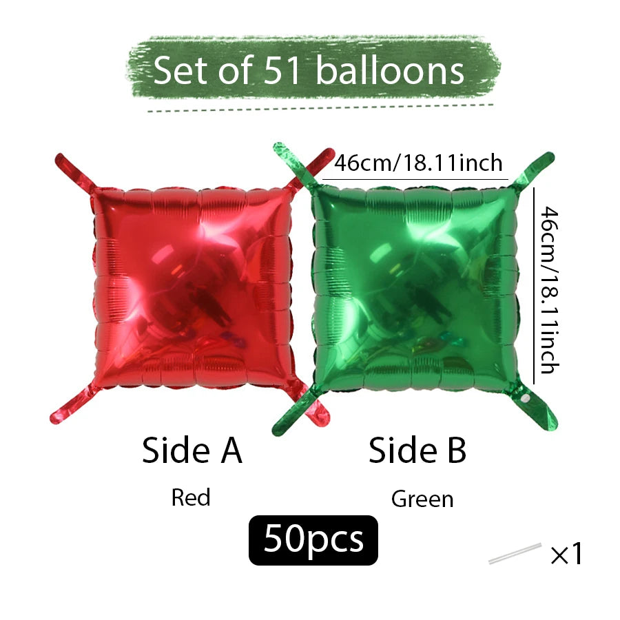 Set of 51 double-sided square foil balloons, Side A red and Side B green, measuring 46cm/18.1inch each.