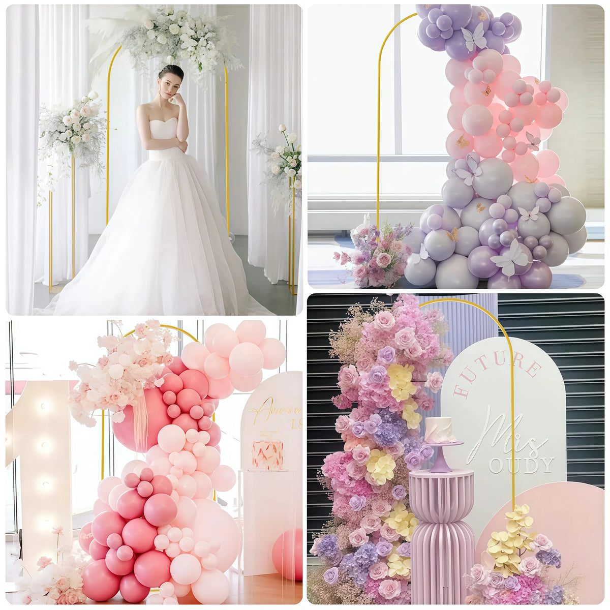 Elegant gold metal wedding arch stand with backdrop frame featuring pink and purple floral balloon arrangements