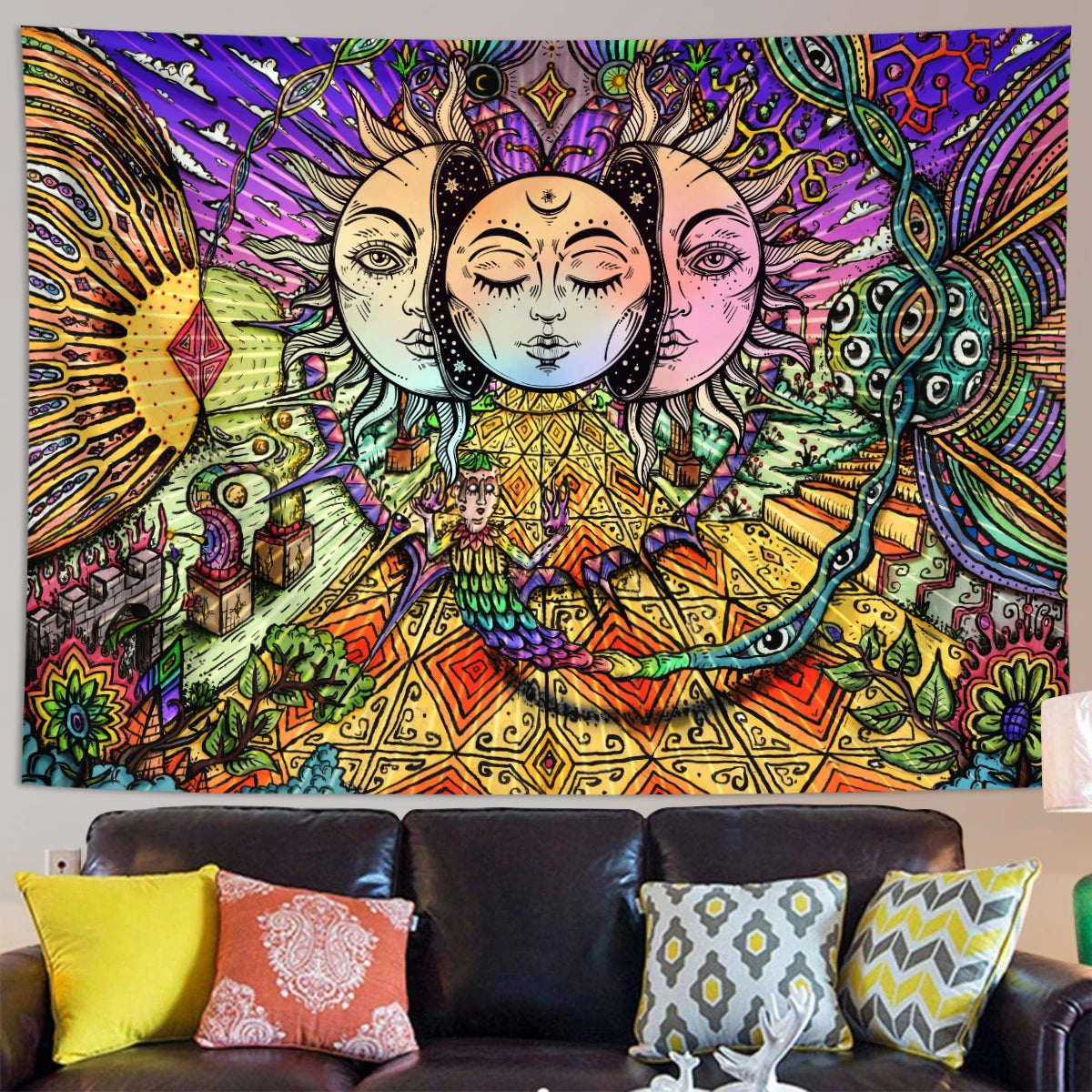 A vibrant bohemian mandala tapestry wall hanging featuring stylized faces, intricate patterns, and bright colors.